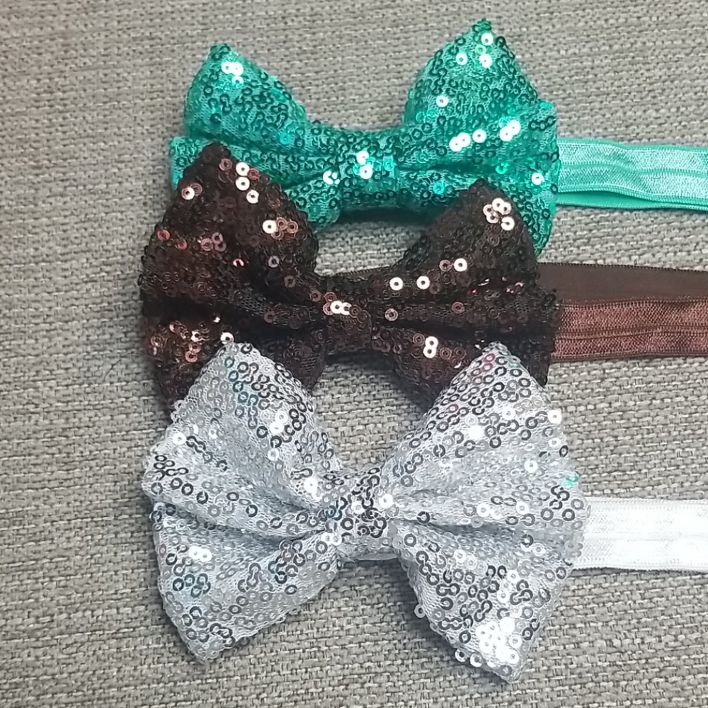 Teal, silver, and brown sequin bow headband lot/bundle - 3 pc